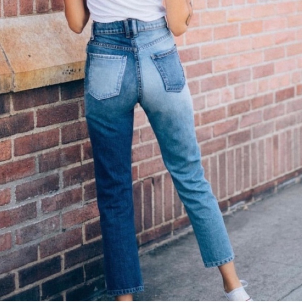 REVICE Two-Tone High Rise Straight Jeans - Light Blue & Dark Blue